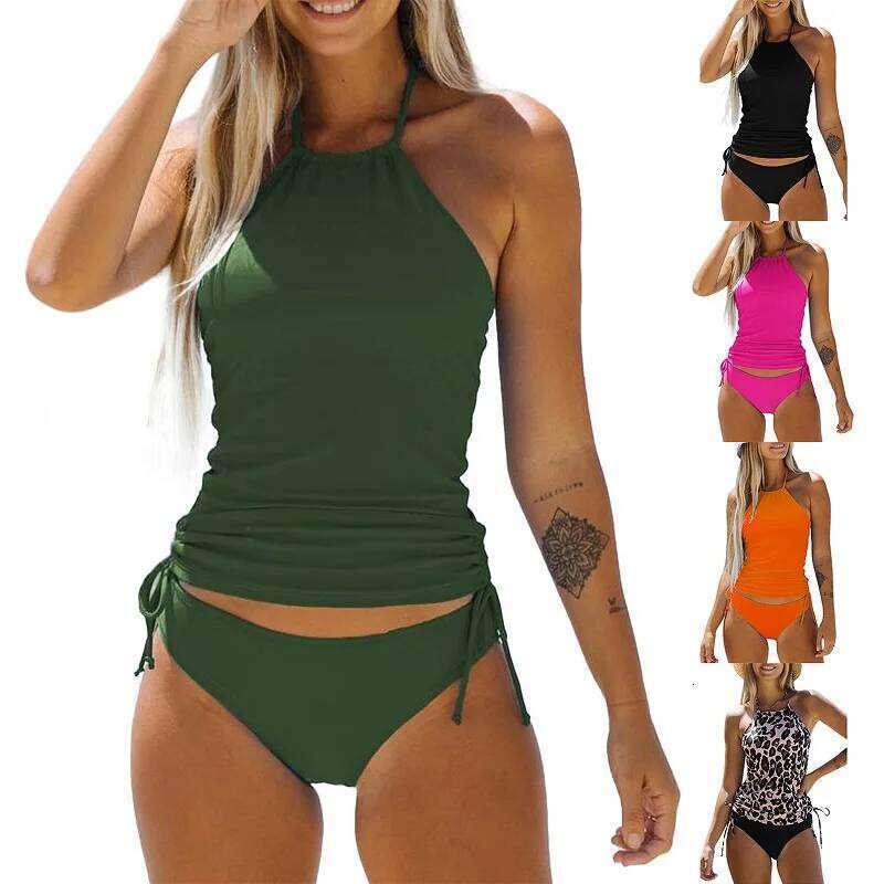 Women's Two Piece Bathing Suit Solid Color Drawstring Side Halter Neck Tankini Black Bikinis Set Swimwears Beachwear Y260303