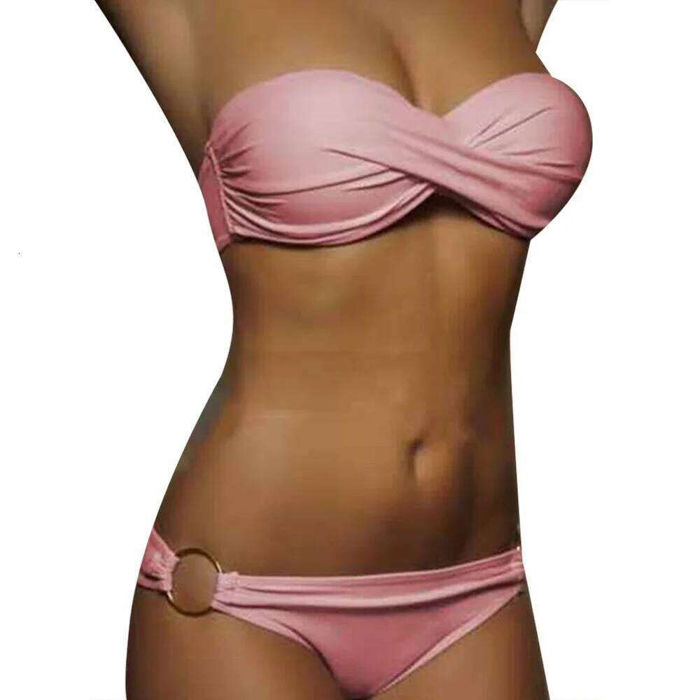 Summer Sexy Two-piece Swimsuit Swimwear Women Cross Pleated Bra Metal Ring Briefs Female Bikini Off Shoulder Bathing Suit Y260303