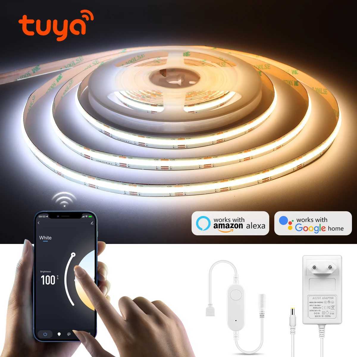 Tuya Smart WiFi Switch COB CCT LED Strip Light 3M 5M 24V Power Adapter EU/US Plug Dimmable Lamp LED Tape for Room Kitchen Decor H260304