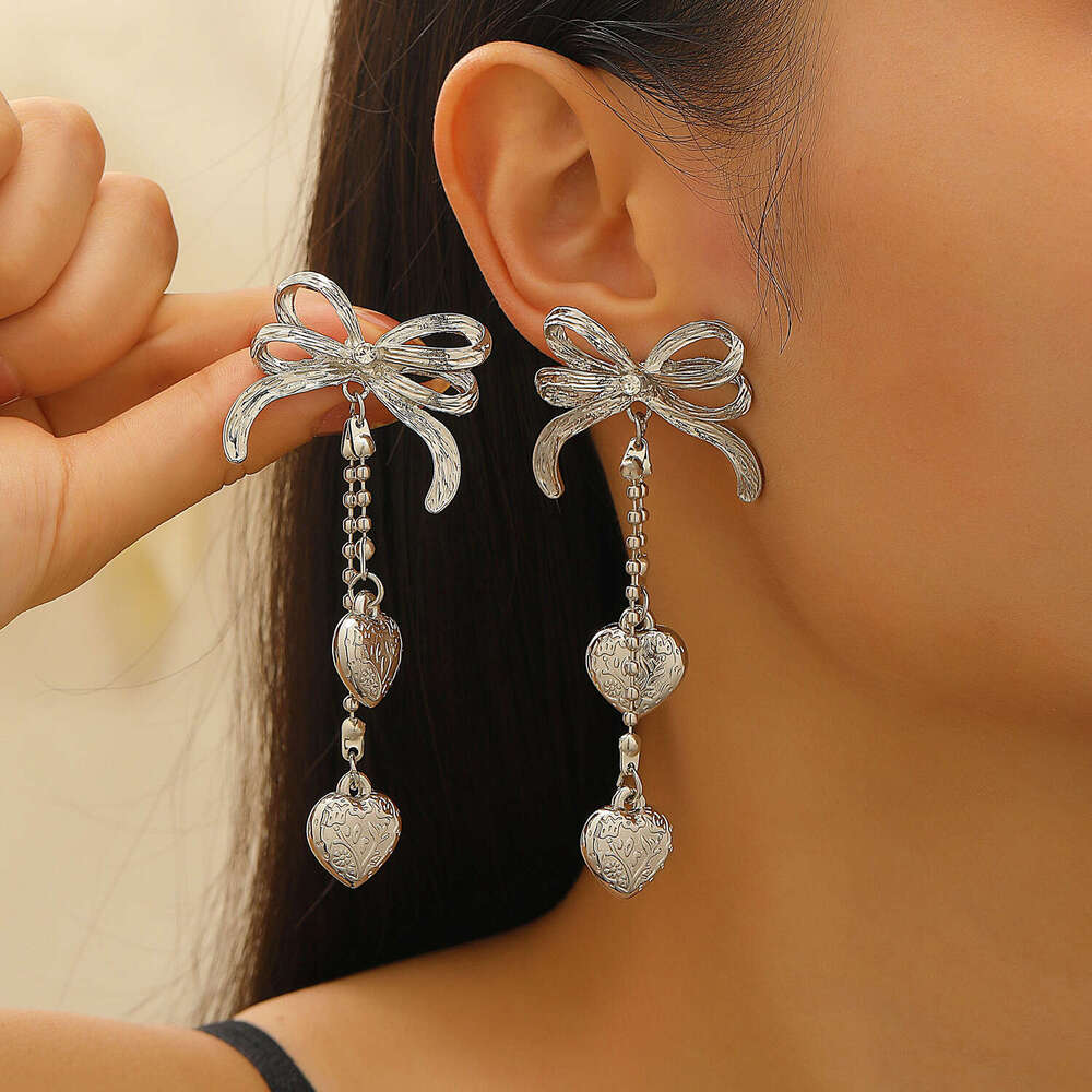 French-style Bow-shaped Stud Earrings With Dangling Fringes And Heart-shaped Pendant For Women