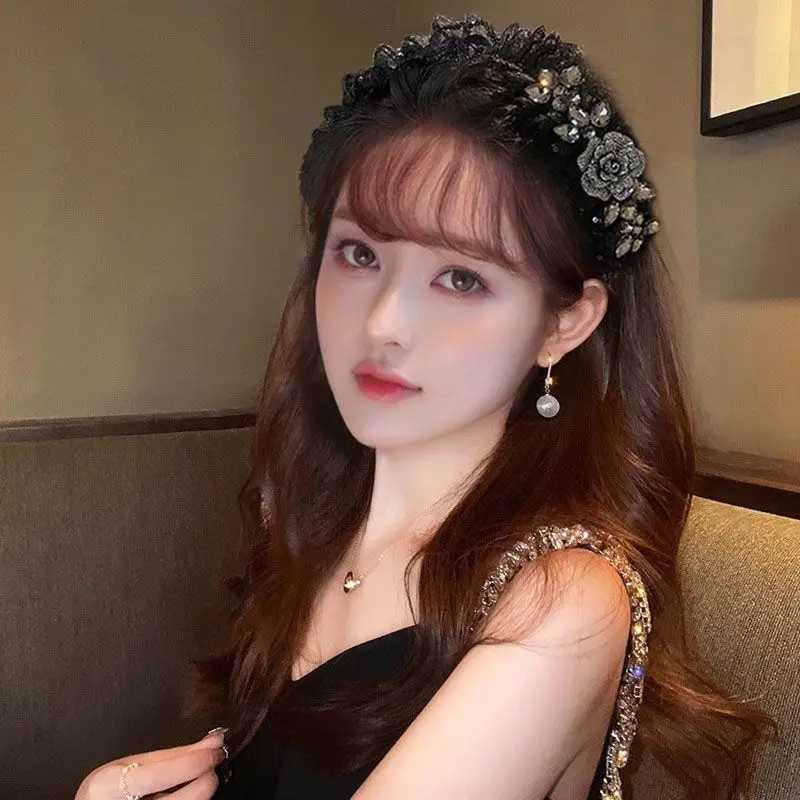 Female Casual Hairpin New Headwear 2025 Korean Style Women Black Lace Rhinestone Flower Hairband Headband Wide Edge Hair Clip H260304 - view 4