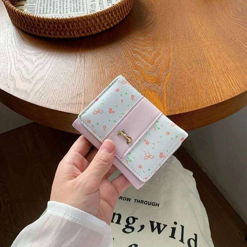 Girls Cute Fashion Floral Bow Women's Small Multi-card Slot Simple Holder Hasp Three Fold Purse Card Bag Wallet C260304