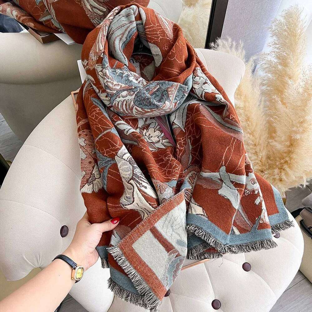 Women's Flower Warm Shawl Simple Thick Imitation Cashmere Scarf with Jacquard Ideal for Autumn and Winter XJ260304