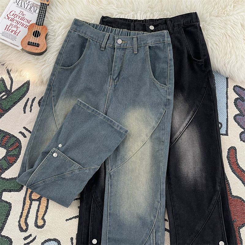 Black Designer Pants Patchwork American-style Workwear Jeans For Men Slim-fit High-waisted Slightly Flared Pants