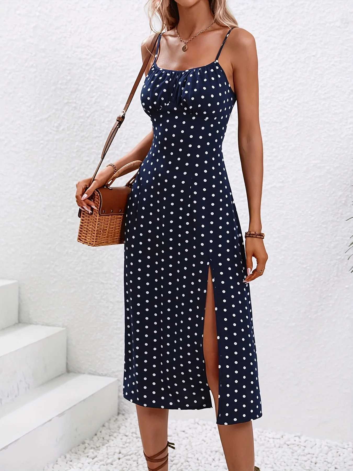 2024 Women Floral Print Spaghetti Straps Summer Boho Beach Dress Print Elegant Suspenders Square Neck Slit Dress Vestidos M260304