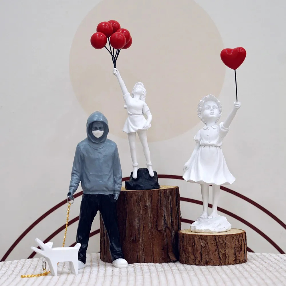 Dropshopping Banksy Sculpture Collection Flower Thrower Statue Pop Art Modern Balloon Girl Figurine Office Home Decoration 260227BJ - view 6