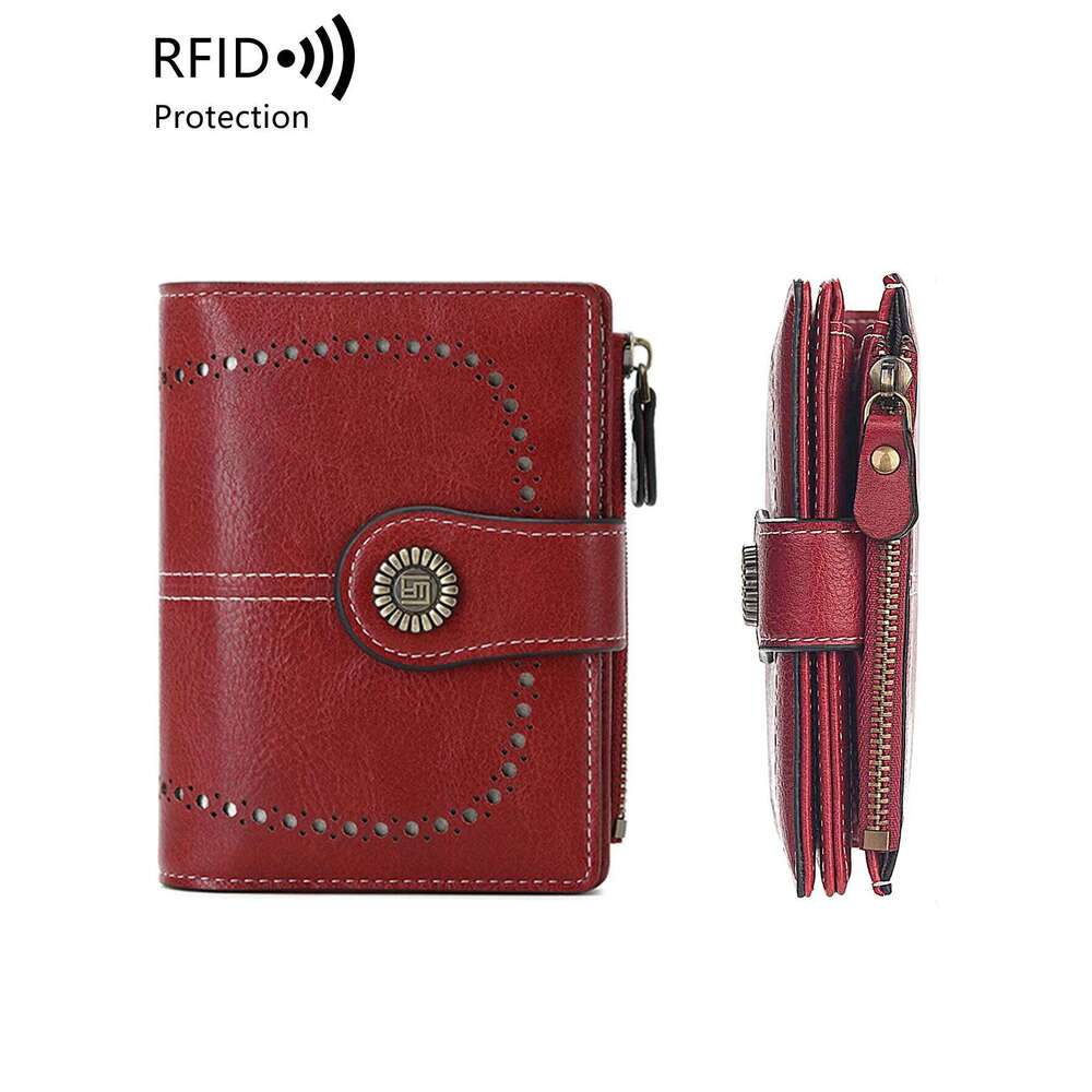 Retro three-fold RFID shielding women's short wallet, solid color large capacity daily fashion versatile clutch bag C260304