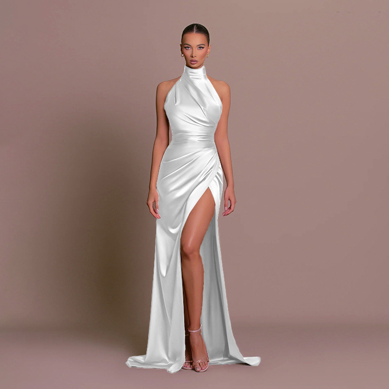 Elegant Womens Halter Neck Strapless Maxi Dress with Open Back