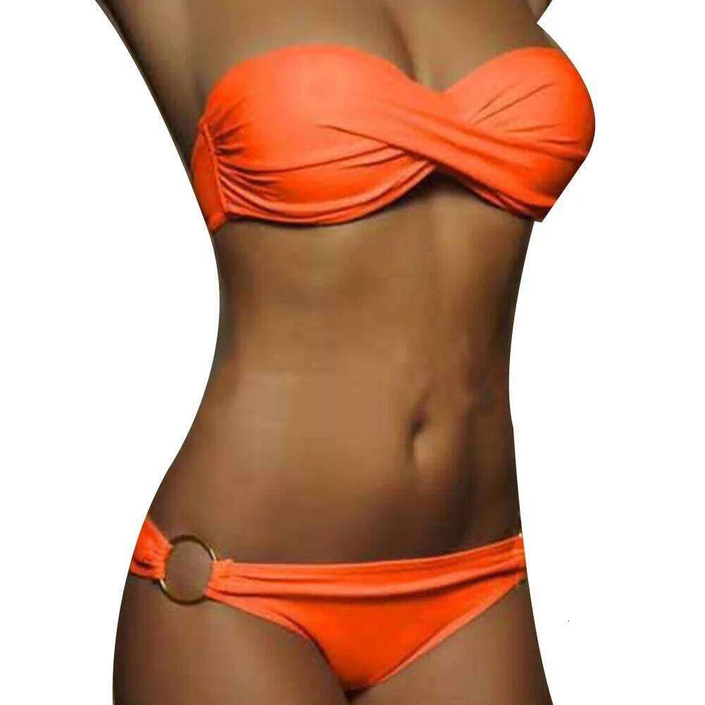 Summer Sexy Two-piece Swimsuit Swimwear Women Cross Pleated Bra Metal Ring Briefs Female Bikini Off Shoulder Bathing Suit Y260303