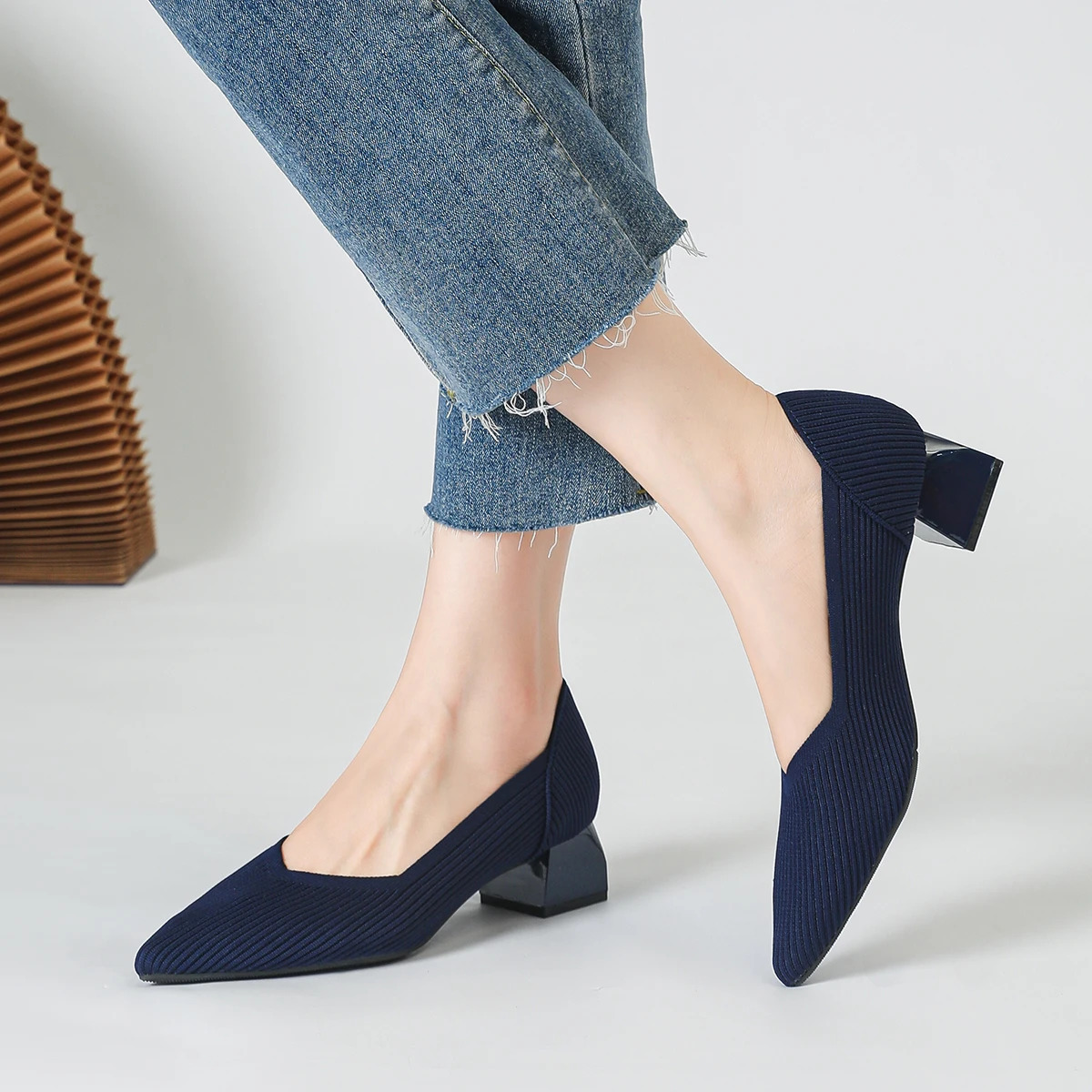 Womens large high-heeled shoes Multicolor pointy knit breathable comfortable anti-skid rubber sole work shoes autumn 260306