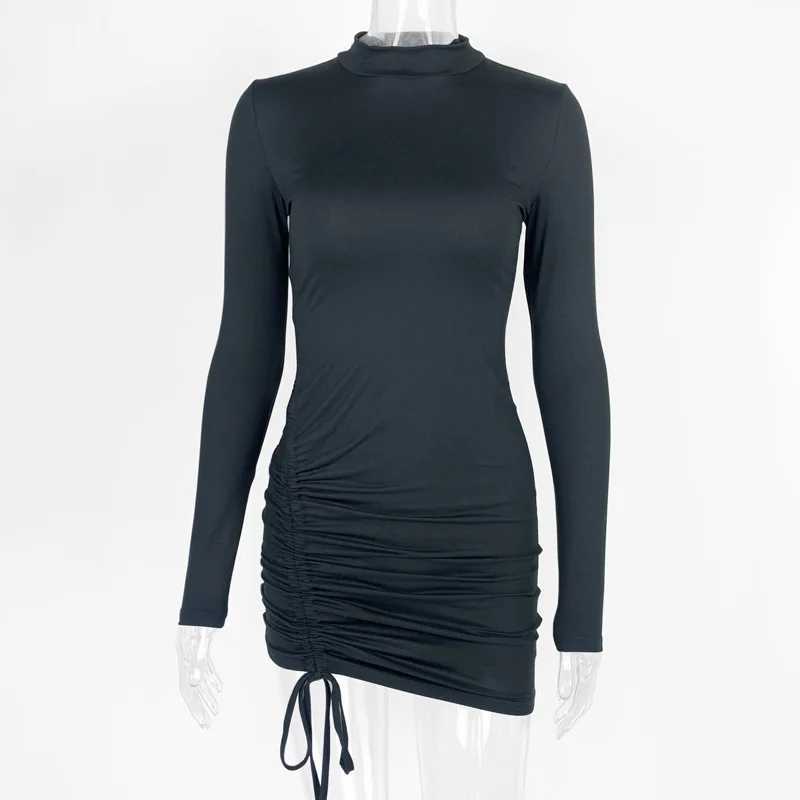 Women Black Bodycon Sexy Club Ruched Drawstring Mini Dresses Female Long Sleeve Slim Fit Party Short Vestidos 2024 M260304