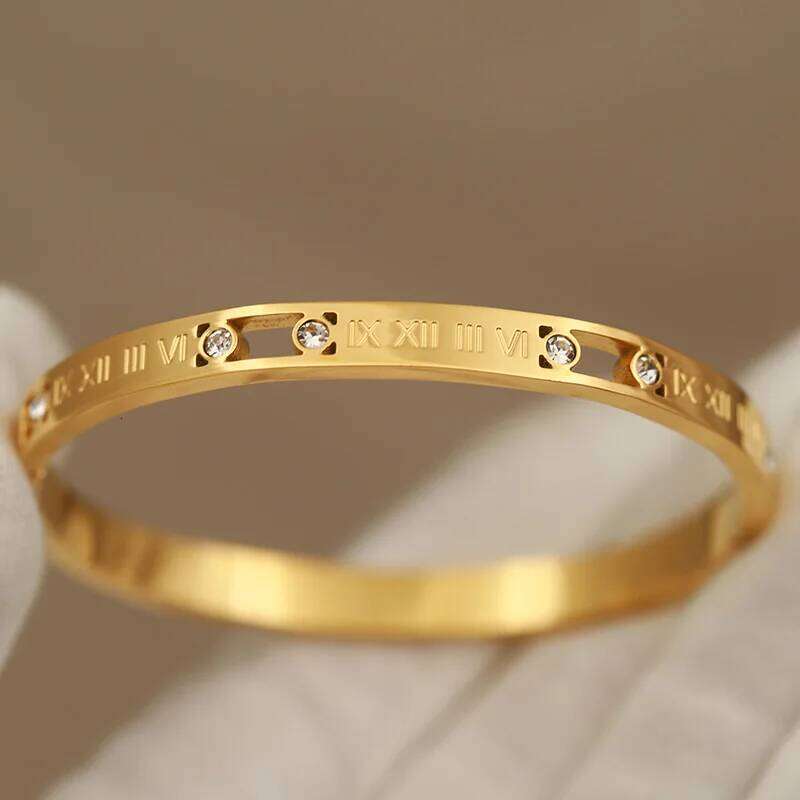 316L Classic Stainless Steel Metal Roman Nunber for Women Elegant Crystal Bangles Rust-proof Bracelets Wrist Jewelry XJ260303