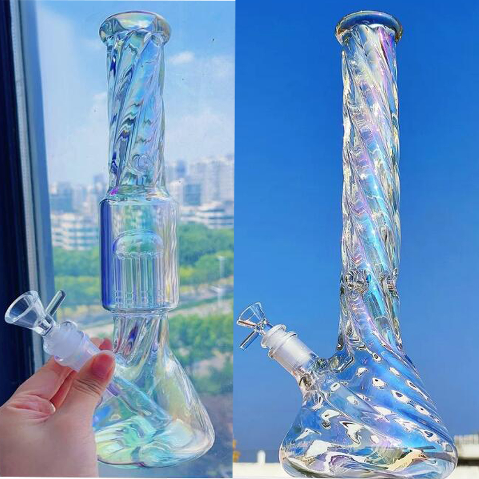 Unique Glass Bongs Smoking Water Pipes Hookahs Shisha Bubbler Rainbow glass Water Bongs Recycler Pipe 14mm Bowl