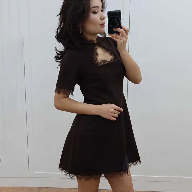 TARUXY Sexy Lace Spliced Stand Collar Dress Women Summer Solid Slim High Waist Short Sleeves Leisure Dress Female Party Dress M260304