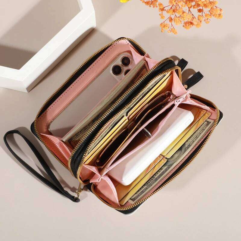 Lychee patterned Women's Wallet with Double Zipper, Large Capacity Multiple Card Slots, Phone Pouch, Casual PU Leather Clutch Ba C260304