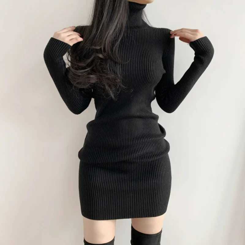 Women Autumn Winter Turtleneck Warm Bodycon Dress Long Sleeve Knit Solid Office Pullover Sexy Mini Dress for Ladies 2025 M260304