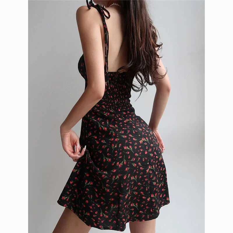 Summer Girls Elegant Floral Beach Vacation Dress Lady Chic Designer Strap Short Skirts Female Sexy Slimming A-line Slip Dress M260304