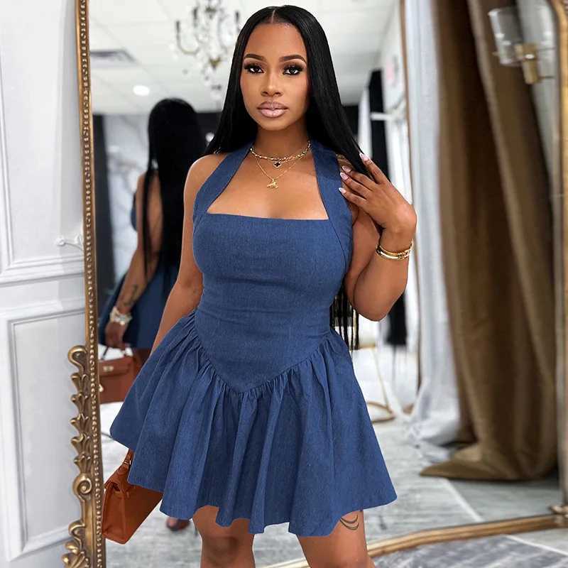 Early Spring New European And American Womens Clothing Sexy Slim Fit Shoulder Hanging Neck Exposed Back A Swing Short Dress M260304