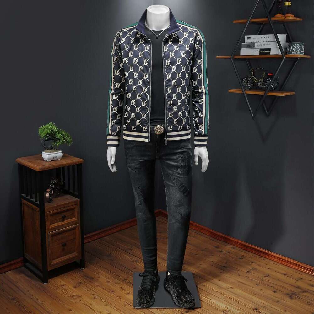 Spring New Men's Stand Collar Jacket High-Quality Printed Trendy Patchwork Casual Plus Size Coat Luanyun