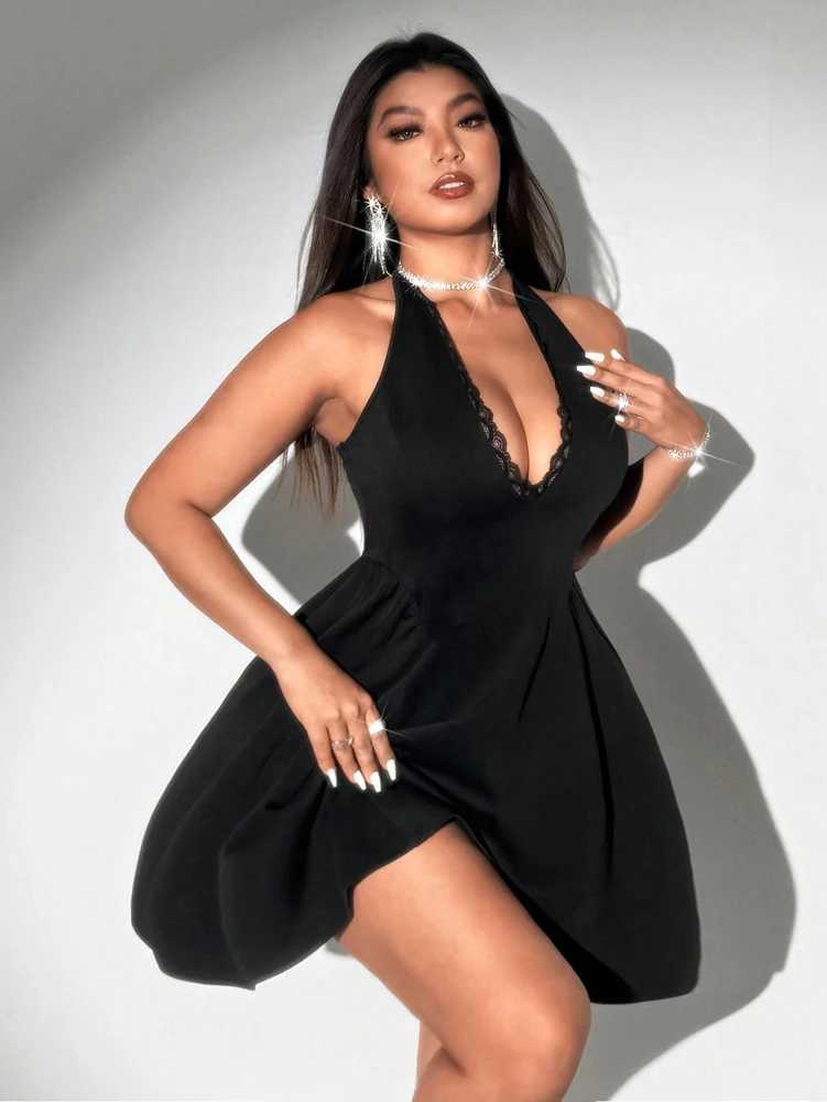 Plus Size Spring/Summer New Arrival Dress V-neck Sensual Lace-trimmed Sleeveless Puff-skirt Evening Gown Solid Colour M260304