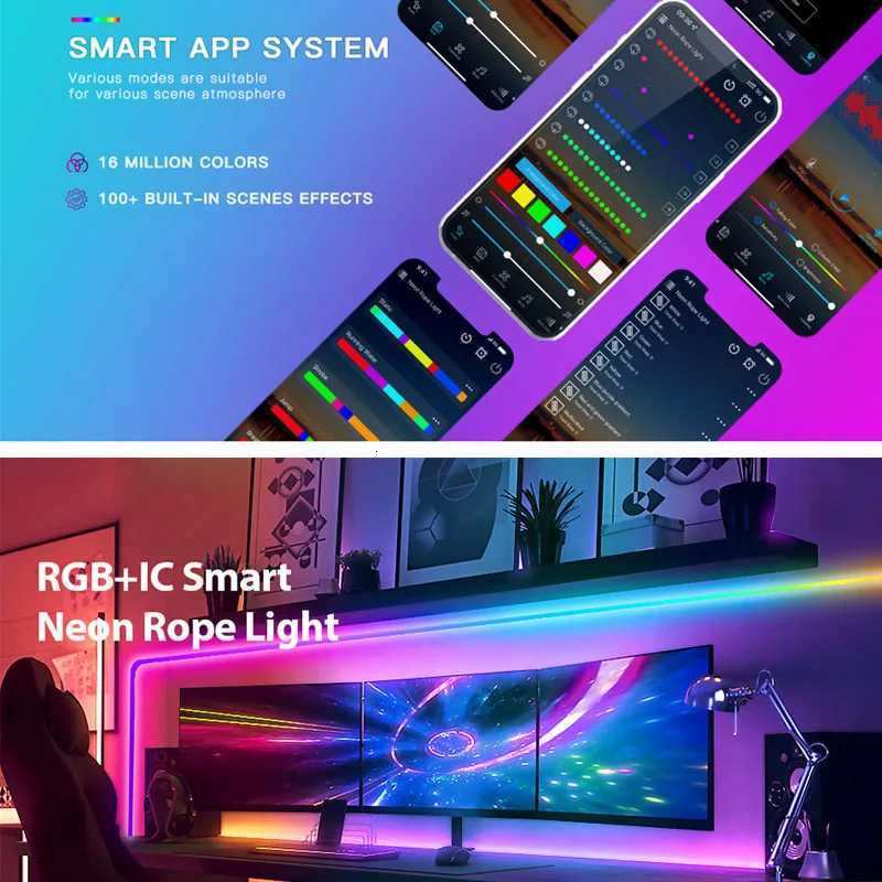 5V USB RGB-IC Neon LED Strip Light 1M 2M 3M 5M Flexible Lamp Tape Neon Lights With Bluetooth APP Control For Home Room Decor H260304