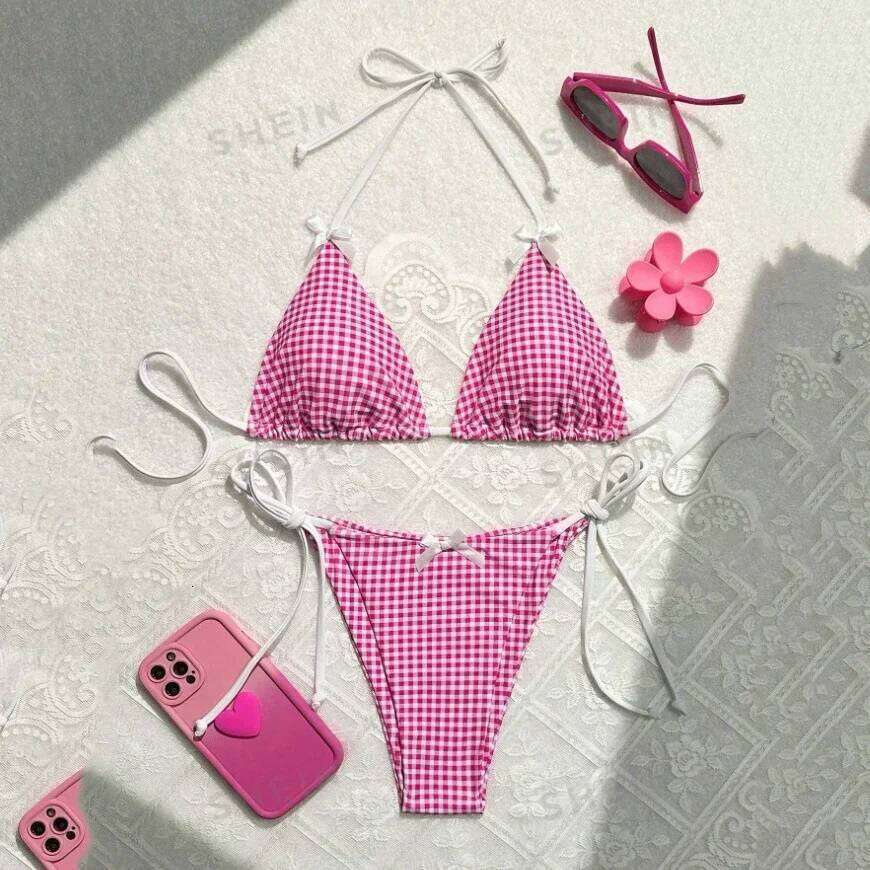 Red Plaid String Halter thong Micro Bikini for Women Mini Swimwear Lace-up Sexy Swimsuit Bathing Suit Triangle Bikinis Sets 2026 Y260303