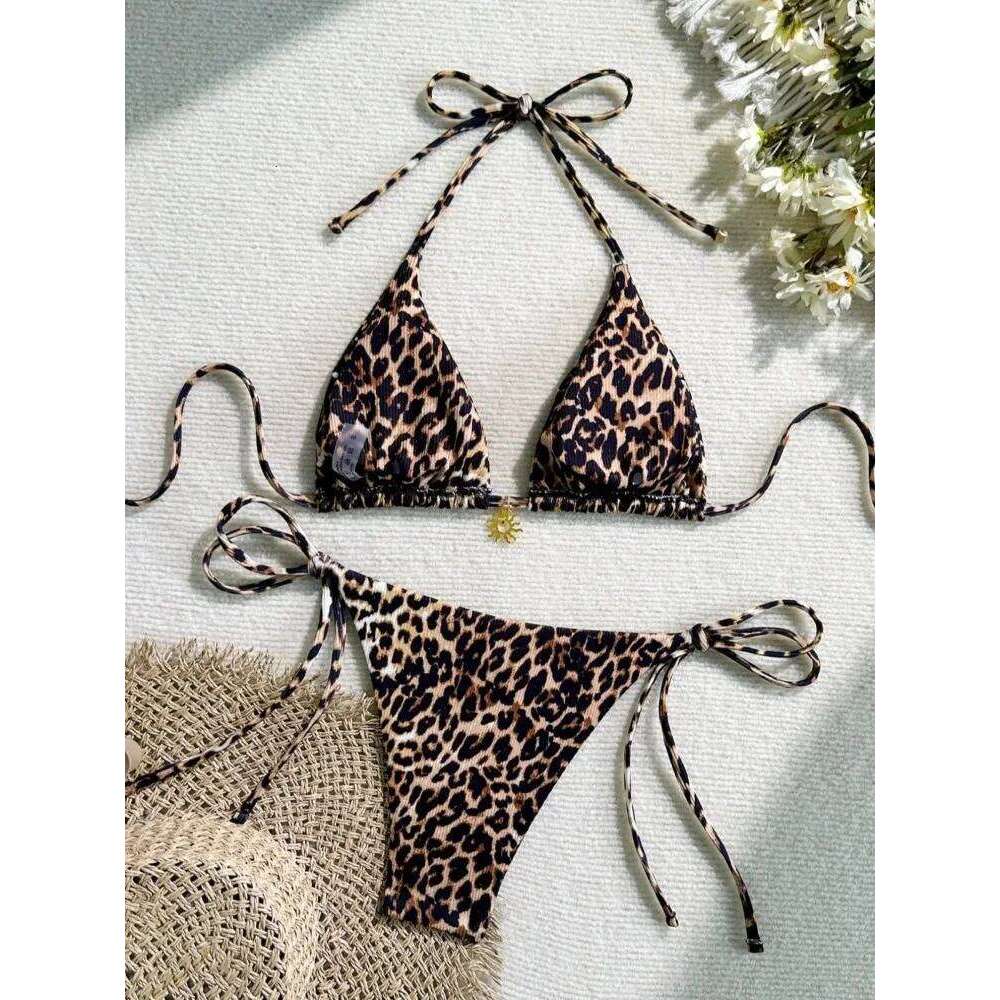 Summer Sexy Leopard Print Bikini Set Women Halter Neck Swimwear High Cut Triangle Top Hot Beachwear Trendy Bathing Suit New Y260303