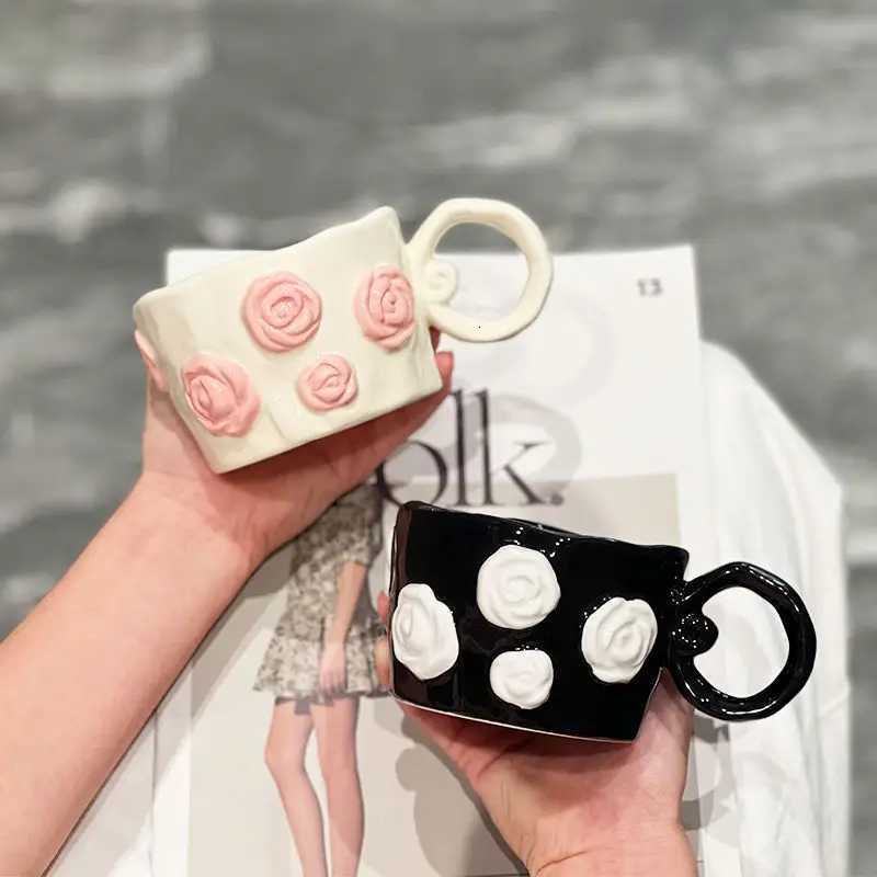 Girls Heart 3D Relief Rose Ceramic Mug Couple Drinking Water Coffee Cup Gift Handheld GiftT260304
