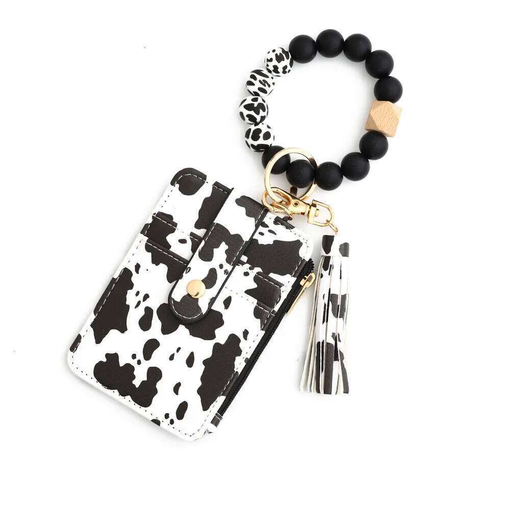 New Arrival PU ID Credit Wallet with Wristlet Bangle Silicone Bead Tassel Card Holder Leather Keychain C260304