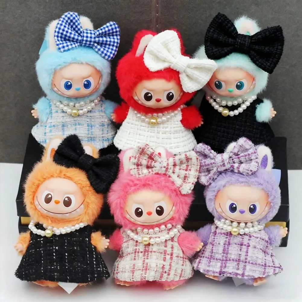 Luxury Plaid Tweed Dress Set with Bow & Pearl Necklace for 10.5cm V4 & 40cm Labubu Dolls Cute Outfit AccessoriesT260304