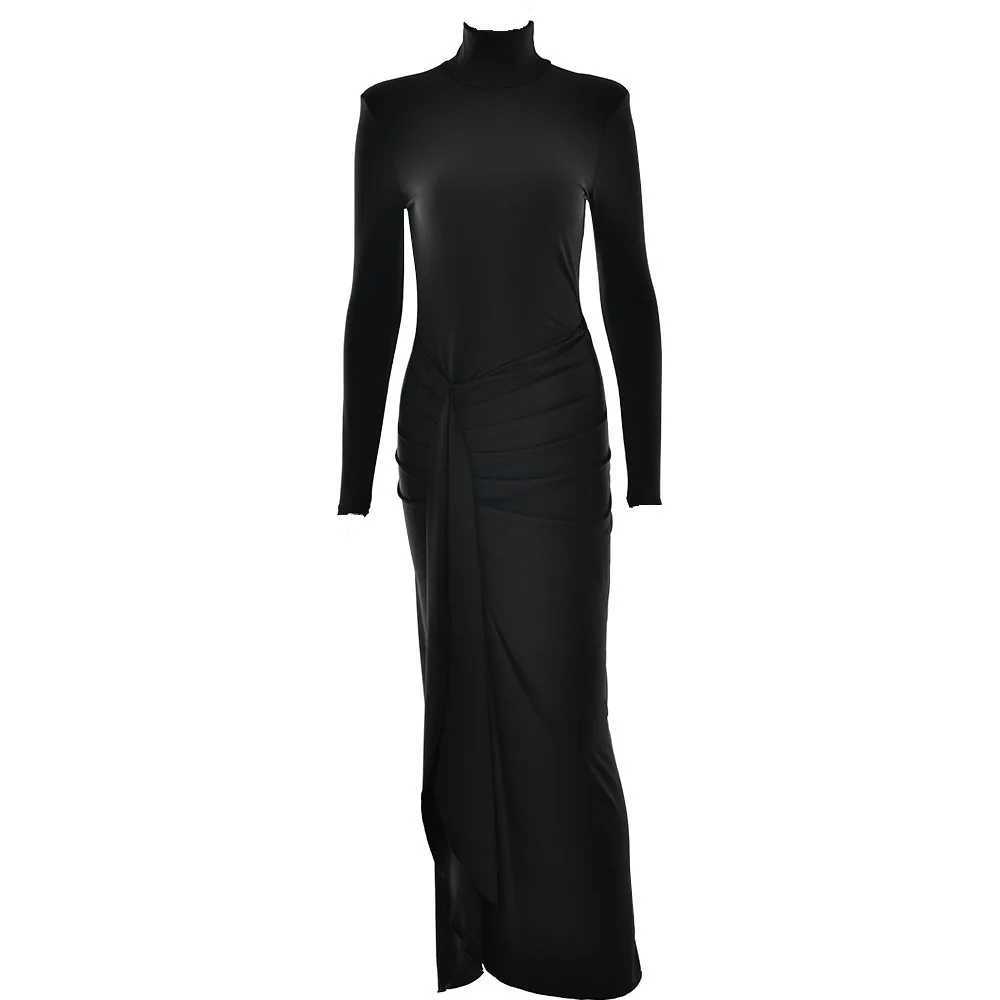 European and American autumn and winter fashionable sexy high slit tied waist long skirt new spicy high neCK slim fit dress M260304