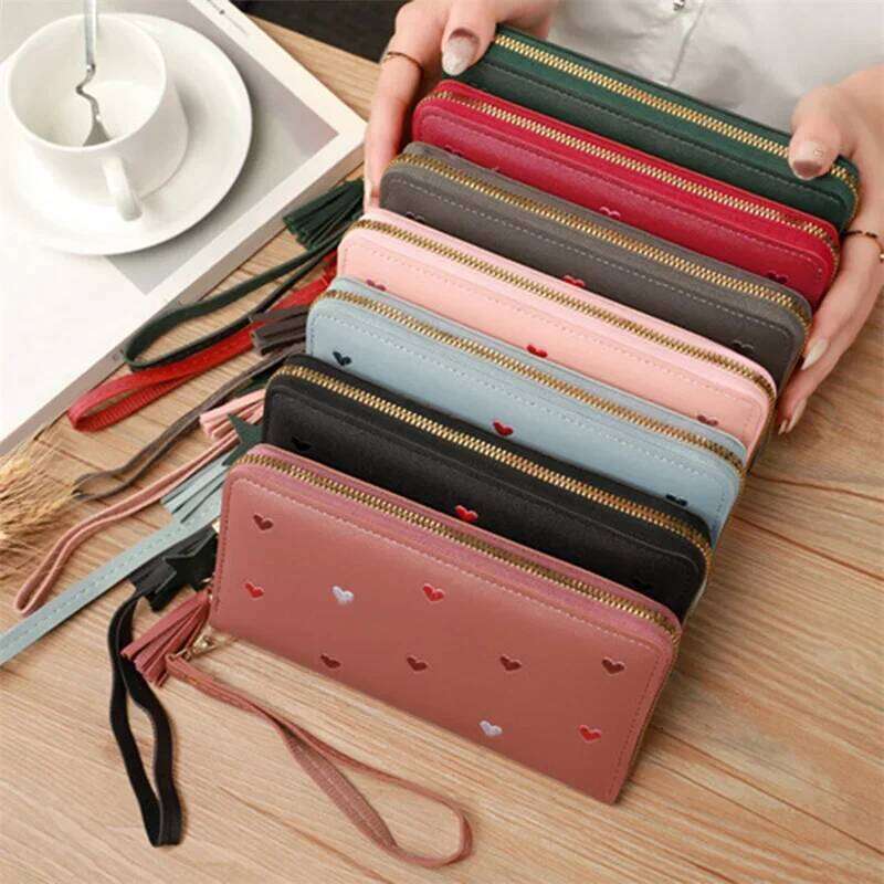 Simple Korean Women's Long PU Leather Love Heart Large Capacity Wallet Sweet Fold Clutch Bag Students C260304