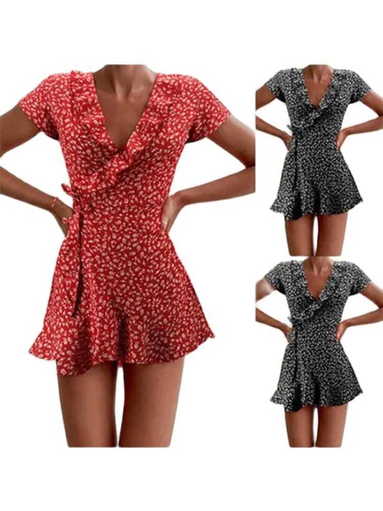 Summer Womens Floal A-Line Dress Sweet Elegant Floral Ruffles V-neck Bandage Short Dress for Lady Chic Flowers Mini Dress M260304