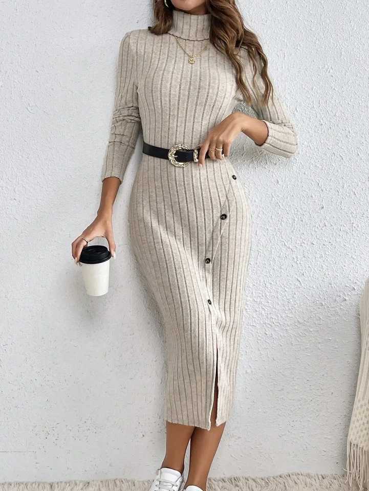 French High Collar Hollow out Side Split Ribbed Dress Elegant Classy Style Womens Fashion M260304