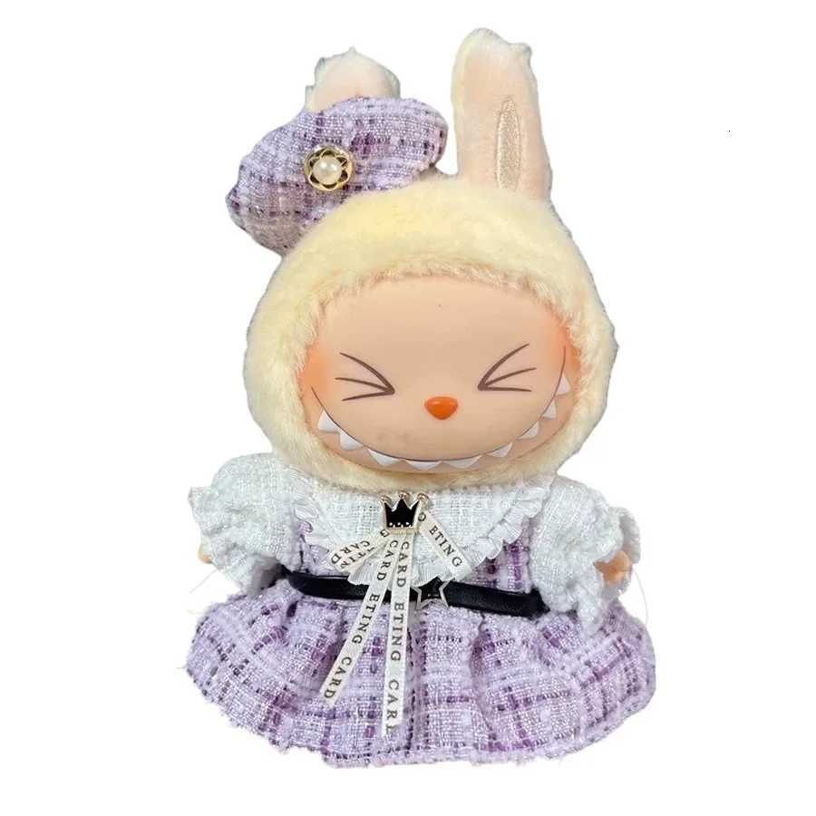 17cm Labubu Pink Tweed Dress & Bow Set, Cute Fashion Doll Outfit with Heart Badge for Plush Doll AccessoriesT260304