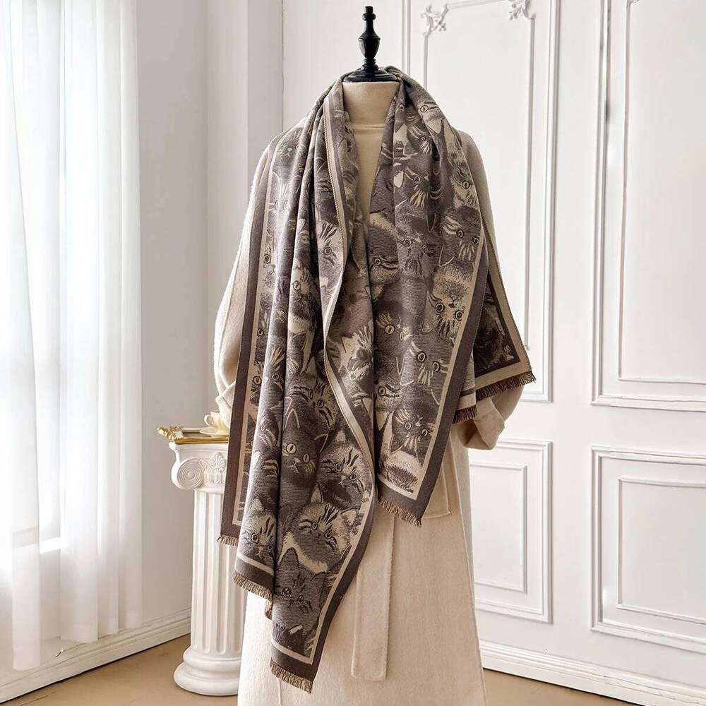 Women's Winter Fashion Warm Cat-Patterned Faux Cashmere Poncho - Thick Pashmina Shawl Wrap XJ260304