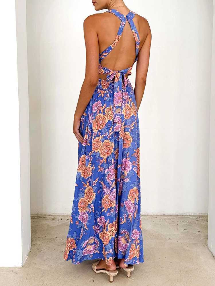 Summer New Pleated Long Dresses Fashion Pattern Printed Sleeveless Swing Beach Dress Female O-neck High Waisted Bohemian Dress M260304