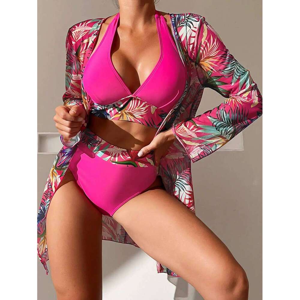 Halter Print Bikini Sets 3PCS Women Swimsuit With Kimono High Waist Swimwear Female Bathers Bathing Swimming Swim Suit Beachwear Y260303
