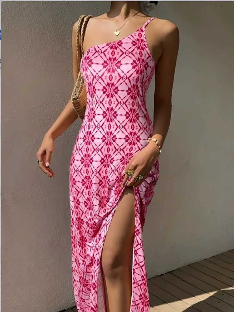 Single shoulder camisole strapless backless printed slit dress 2026 summer new product casual vacation style womens dress M260304