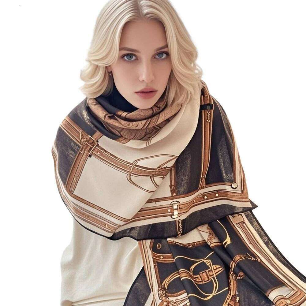 180x85cm Chain Print Scarf - Women's Autumn/Winter Cotton Hemp Warmth-Supportive Sun Protection Wraparound Neck Cover XJ260304