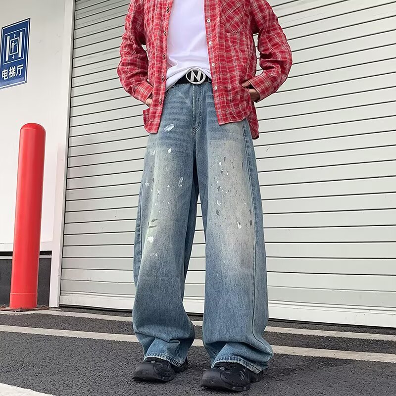 American Retro Trendy Brand AC Splatter-washed Distressed Loose Straight Wide-leg Designer Pants Pants Versatile Straight-leg Jeans For Commuting