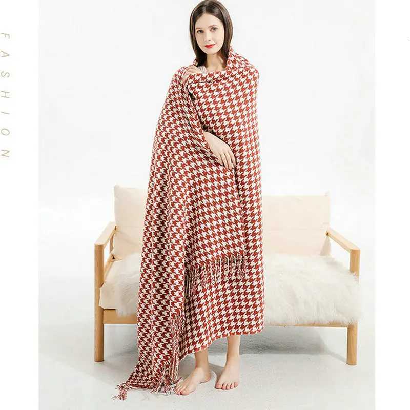 Houndstooth Knitted Blanket with Tassels Retro Shawl Air-conditioning Blanket Nap Blankets Sofa Throw BlanketsT260304