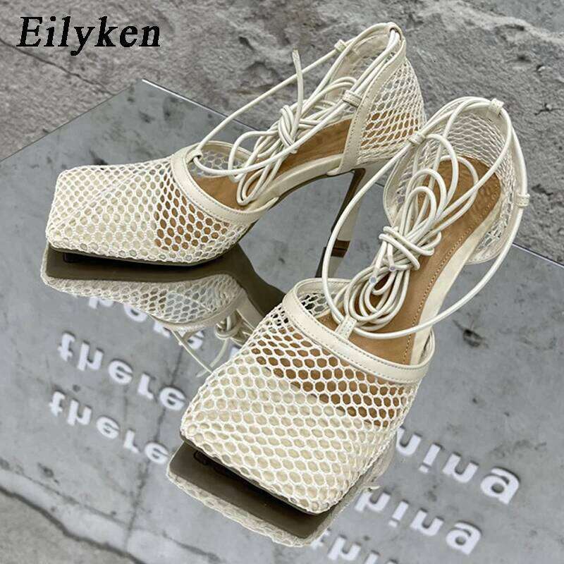 Eilyken Sexy Mesh Pumps Sandals Female Square Toe High Heel Lace Up Cross Tied Stiletto Hollow Dress Shoes Zapatos Mujer MOJIDASHU