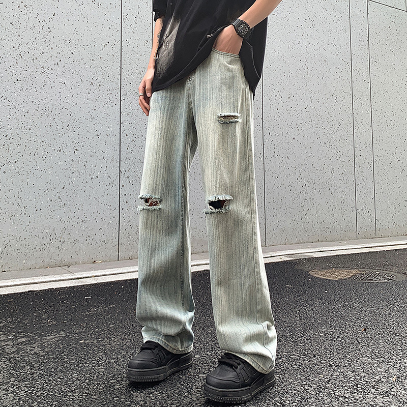 American Retro Jeans For Men Designer Pants Summer Washed Trendy Brand Stylish Streetwear Pants Straight Loose Wide-leg Pants