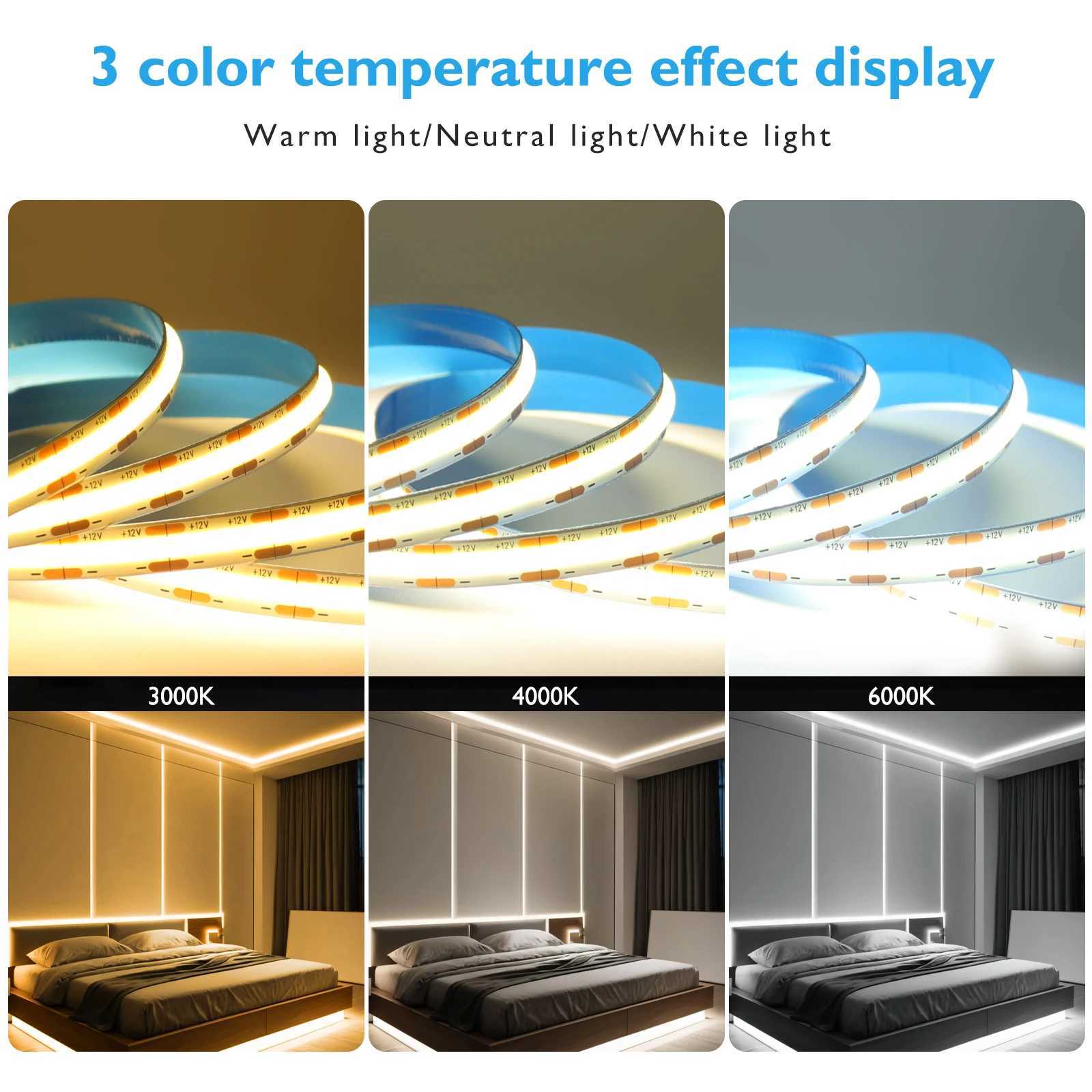DC12 24V COB LED Strip Light 528Leds/m Flexible Tape Ribbon High Density Linear Lighting 3000-6500K RA90 Led Lights Room Decor H260304