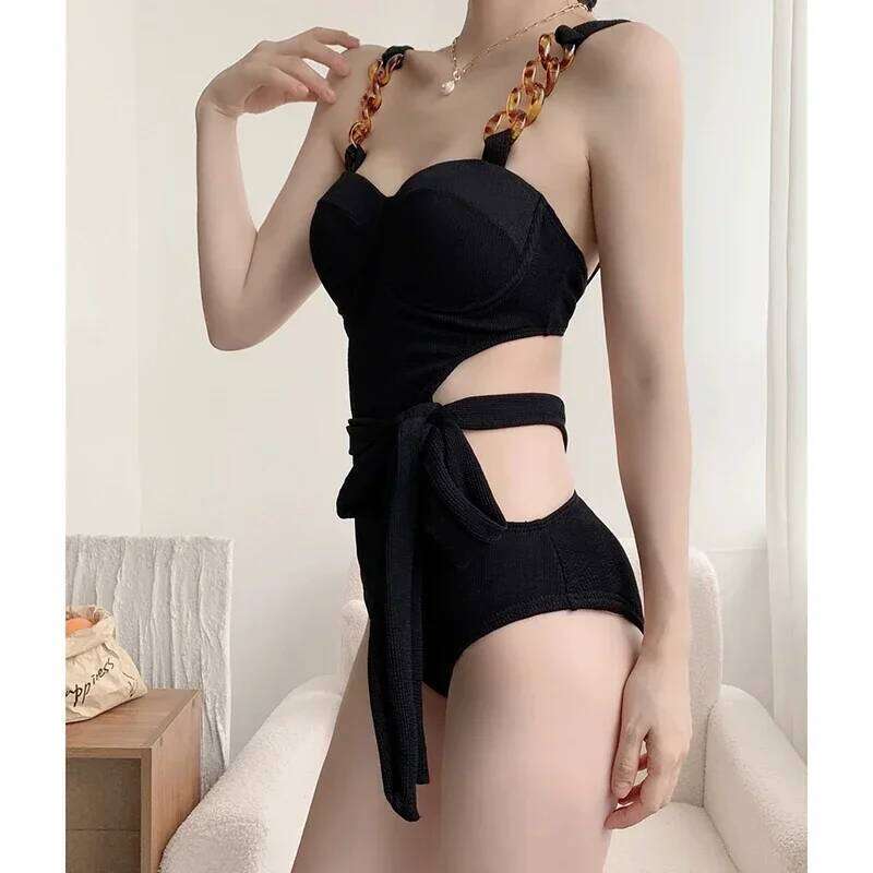 Black One Piece Swimsuit Women Hollow Out Lace Up High Waist Suspender Bathing Suit 2025 New Beach Vacation Temperament Swimwear Y260303