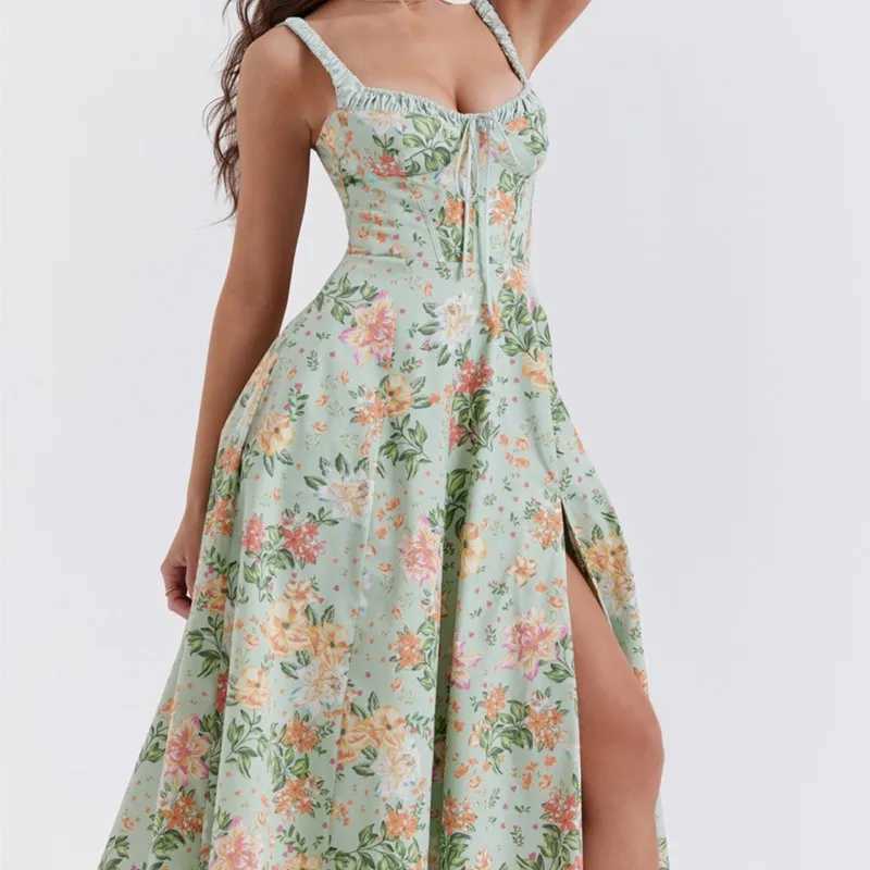 Summer Elegant New Sexy Patchwork Printed Strappy Dresses Women Fashion Slim Lace-up Long Dress Ladies Holiday Party Dress M260304