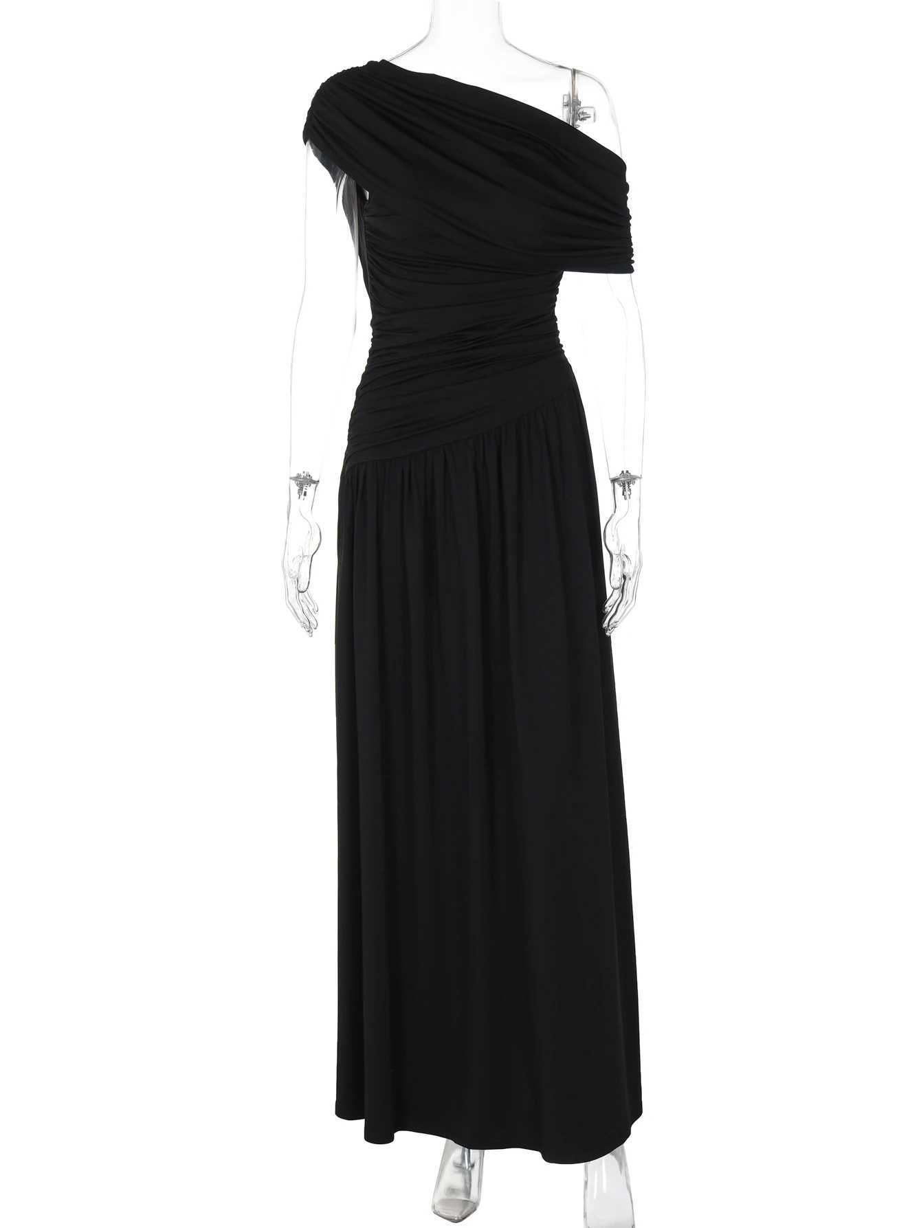 Hugcitar One Shoulder Ruched Sleeveless Solid Pleated Sexy Irregular Y2K Maxi Dress Summer Elegant Party Women Clothes Vacation M260304