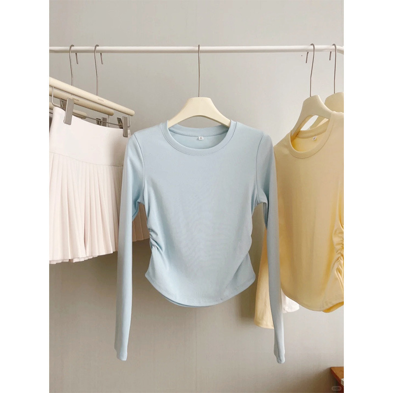 Designer Shirt Milk Blue Women's T-shirt With Straight Shoulders Waist-cinching Pleated Irregular Designer Hoodie Short Top 2026 Spring Base Shirt Polo Shirt