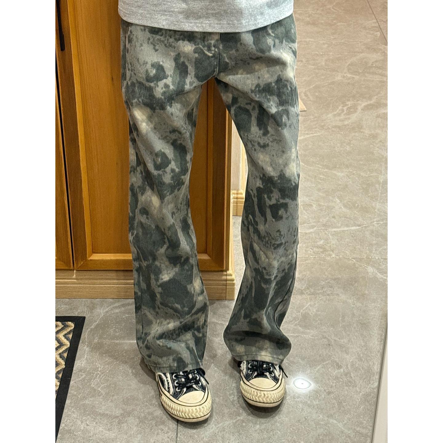 Cleanfit Designer Pants Camouflage Jeans For Men Summer Thin Style American High Street Washed Curved Pants Slimming Slightly Flared Straight Pants